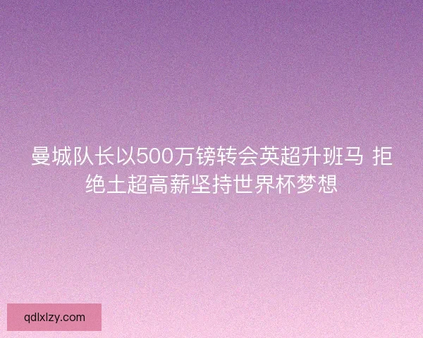 曼城队长以500万镑转会英超升班马 拒绝土超高薪坚持世界杯梦想